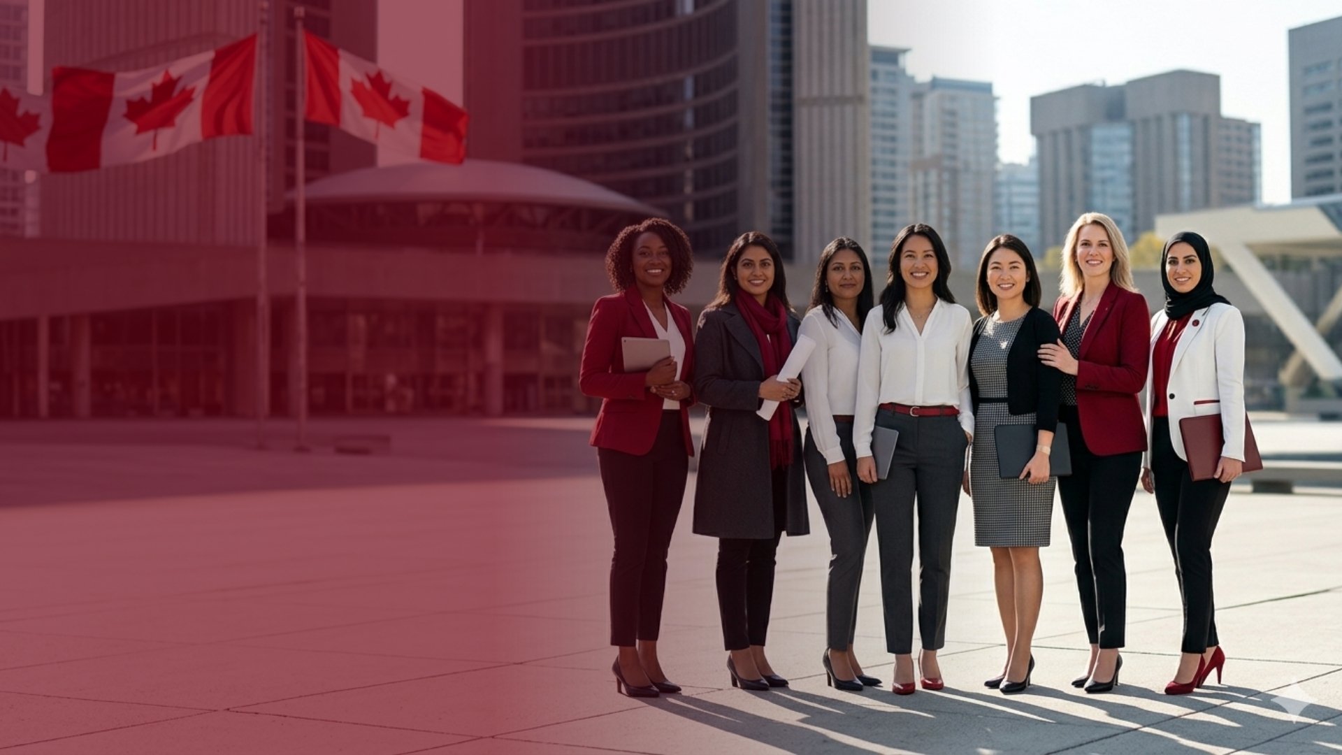 A group of women in professional dress standing together in a Canadian civic square with Canadian flags flying behind them