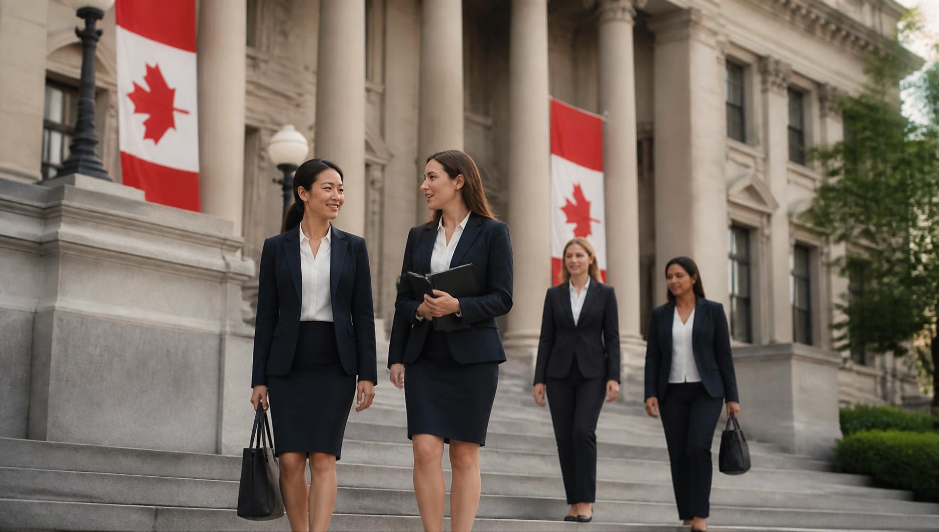 Women in professional dress walking down the steps of a Canadian civic building with Canadian flags hanging between the columns