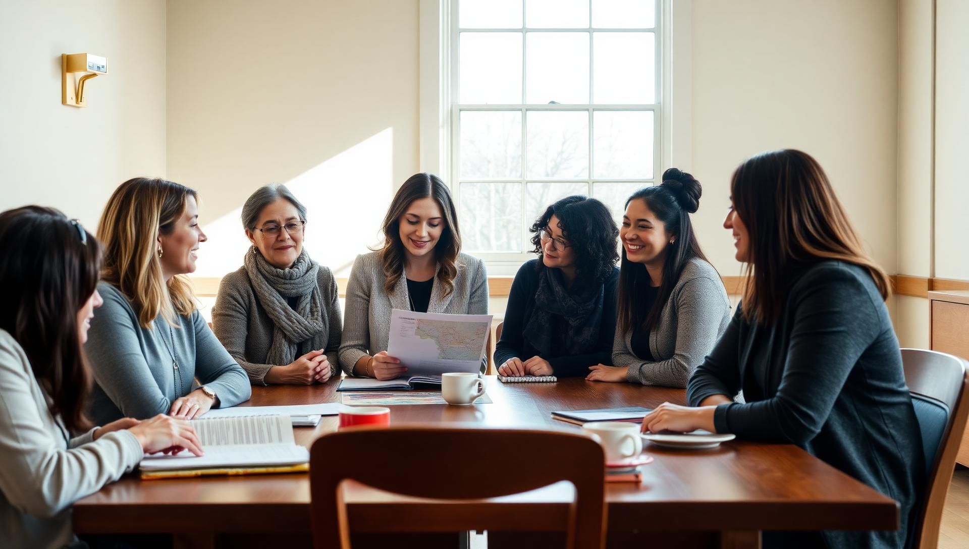 Women working together around a shared table in warm light