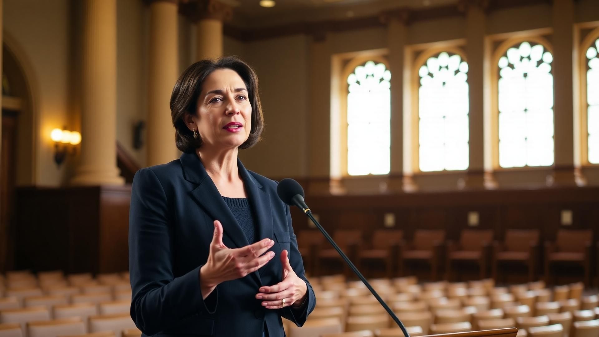 Professional woman speaking at a microphone in a Canadian civic hall