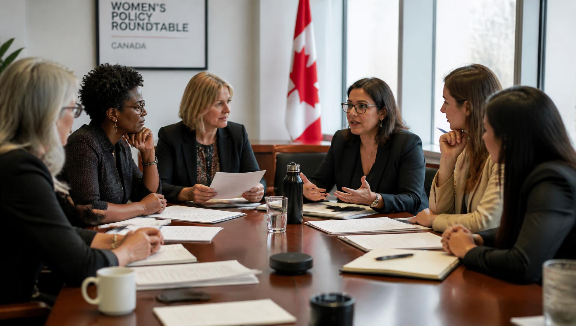 A group of professional women collaborating over documents at a round-table policy working session