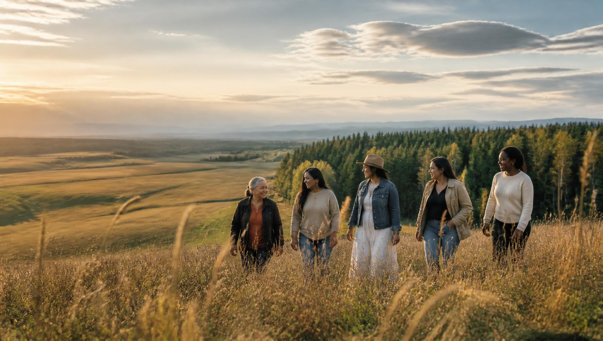 Women walking together across a Canadian meadow at golden hour