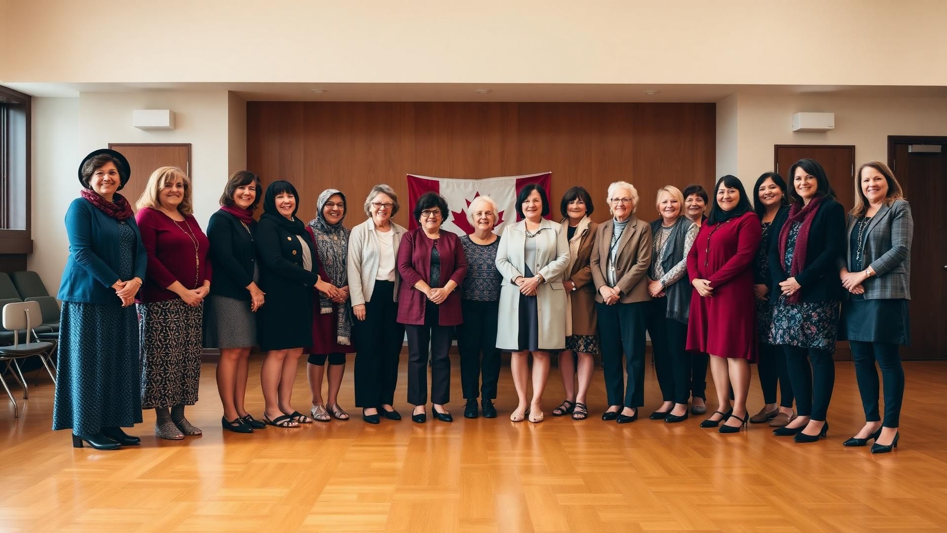 Diverse group of Canadian women standing together in a community hall