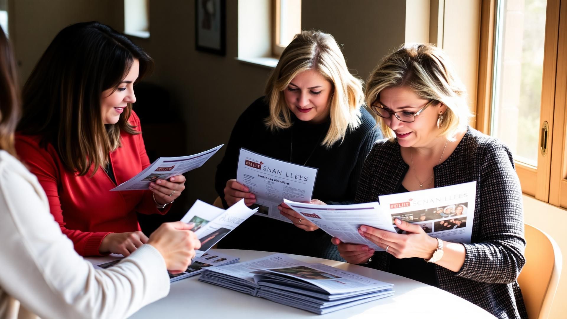 Canadian women reading newsletters together at a bright table