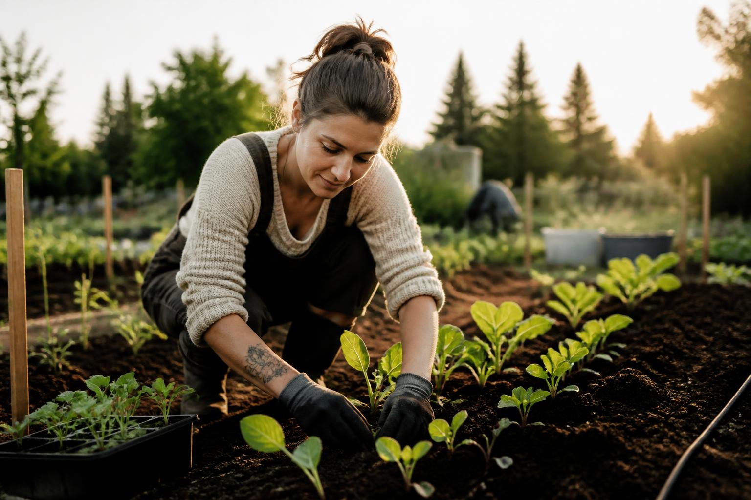 A woman planting seedlings in a Canadian community garden at golden hour
