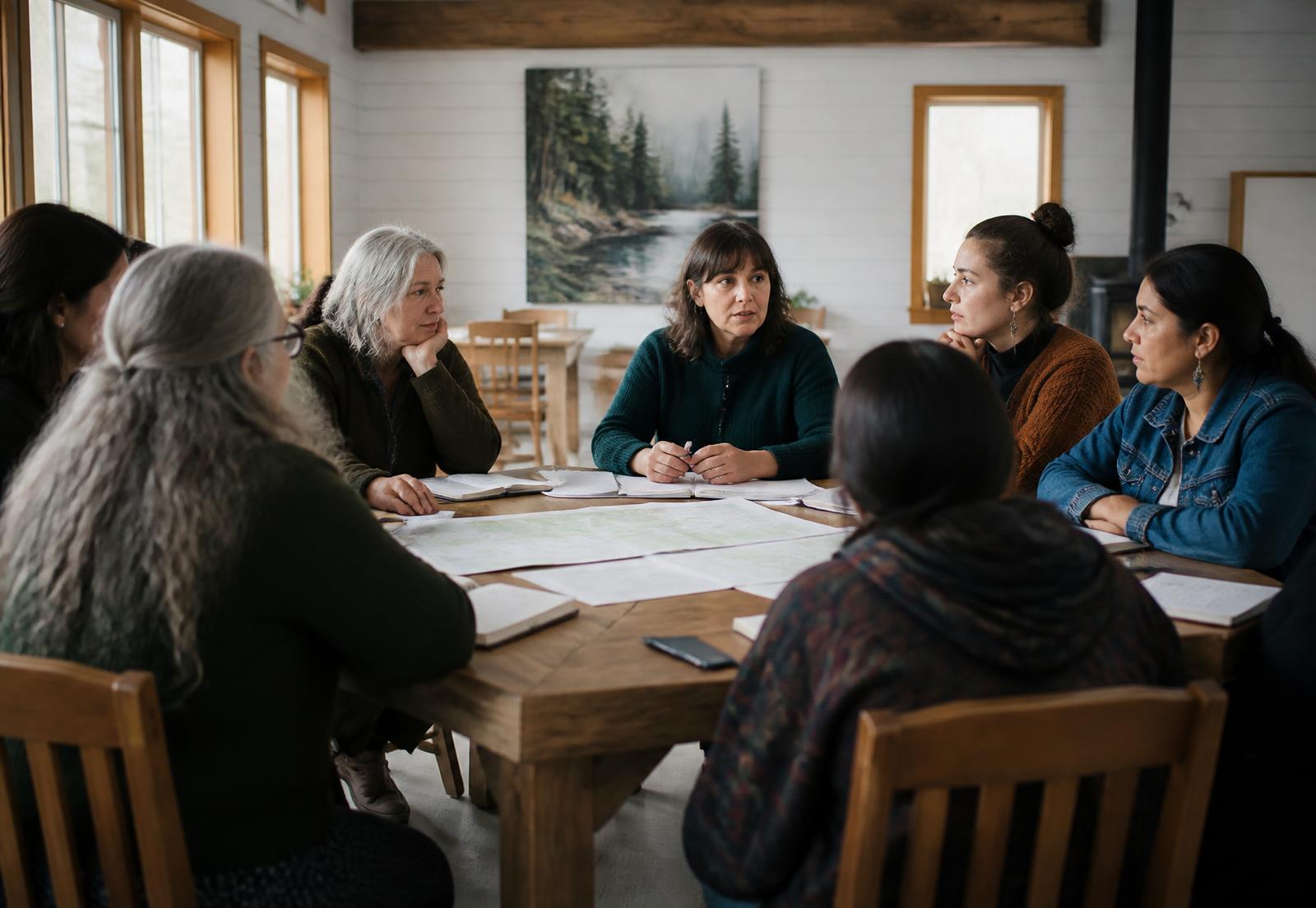 Women of different ages seated around a wooden table with maps and notebooks in a bright village hall