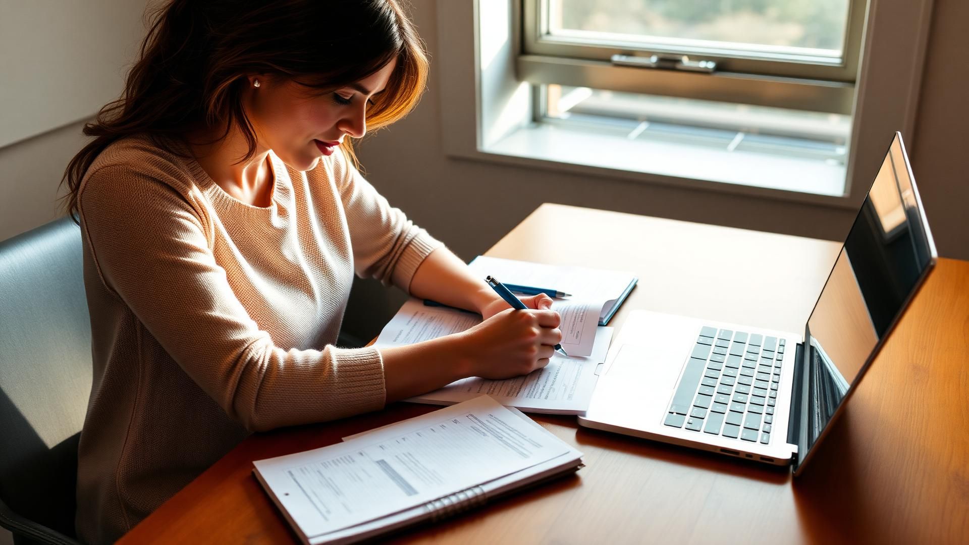 A woman writing policy notes at a wooden desk with a laptop and notebook