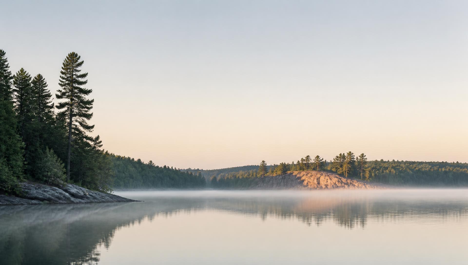 Mist rising from a calm Canadian lake ringed by evergreen forest at dawn
