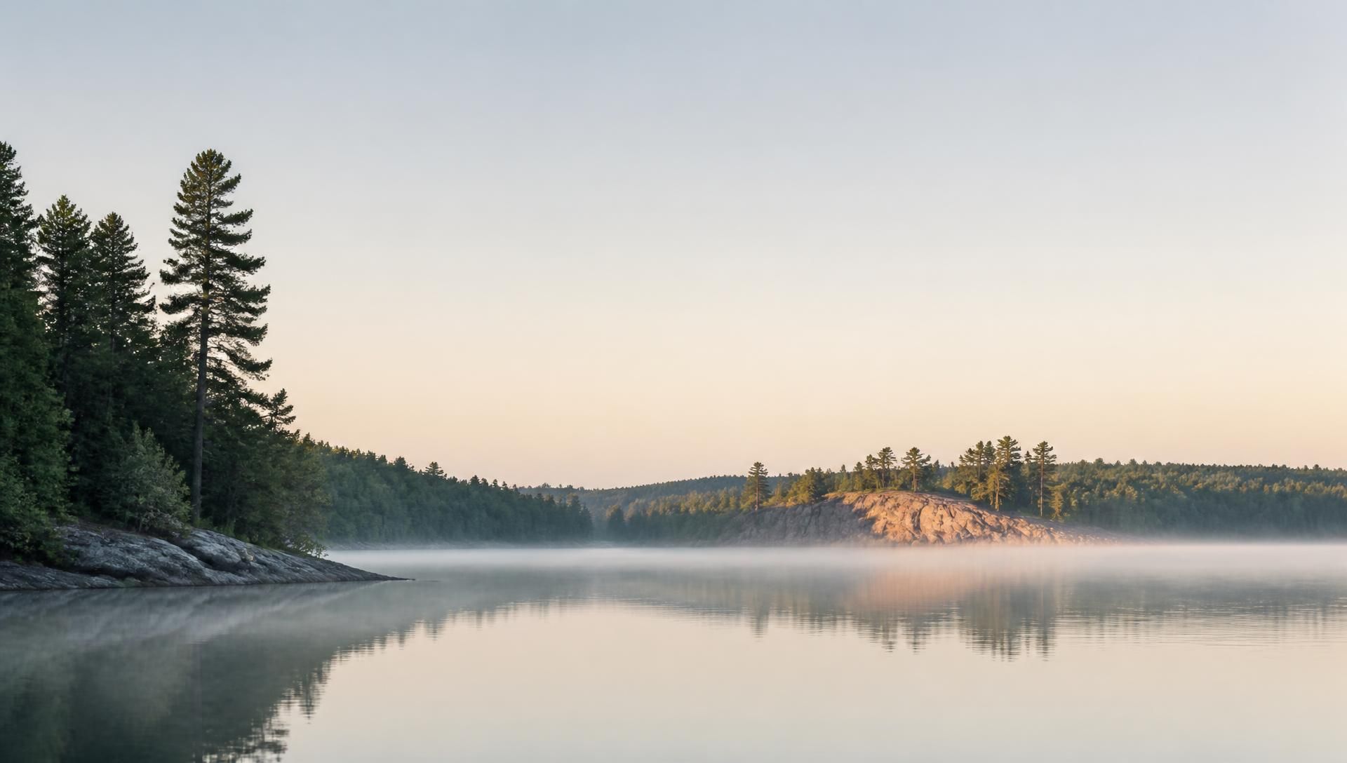 Mist rising from a calm Canadian lake ringed by evergreen forest at dawn