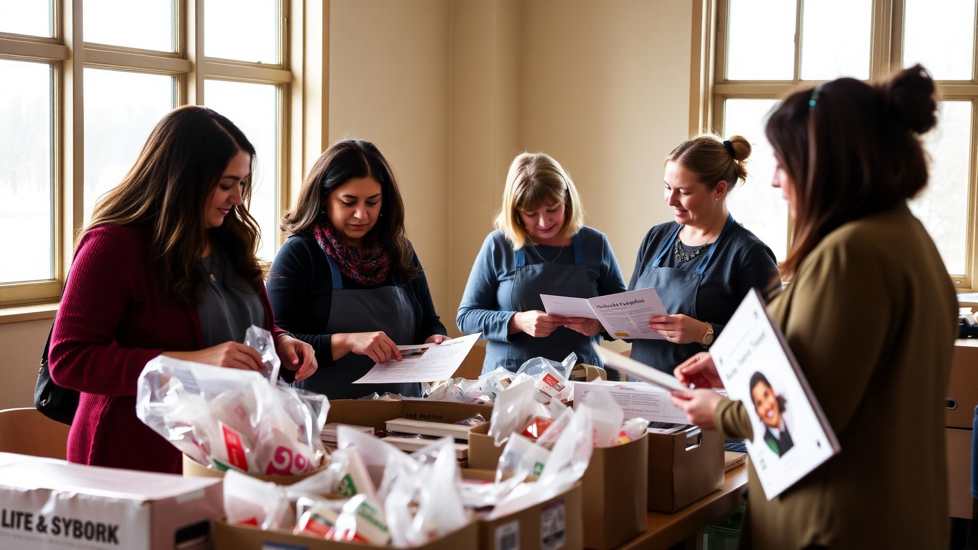 Women volunteers organizing supplies at a Canadian community centre